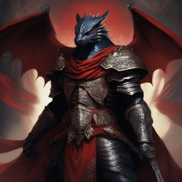 A fierce black dragonborn warrior clad in ornate armor with a red cape flowing behind them