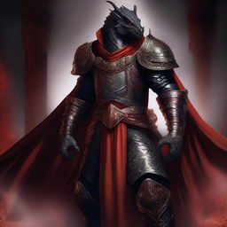 A fierce black dragonborn warrior clad in ornate armor with a red cape flowing behind them