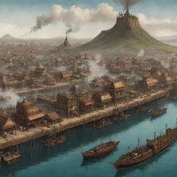 A steampunk-themed illustration of Benin, featuring Cotonou with its cityscape infused with brass constructs, the Atakora Mountain range seamed with mechanical outposts, and stilted villages on Lake Nokoué interlaced with steam-powered utilities.