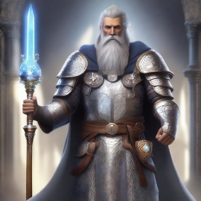 A human cleric with a well-groomed beard, wearing intricate silver armor