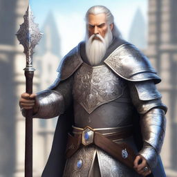 A human cleric with a well-groomed beard, wearing intricate silver armor