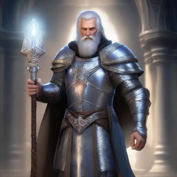 A human cleric with a well-groomed beard, wearing intricate silver armor