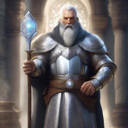 A human cleric with a well-groomed beard, wearing intricate silver armor