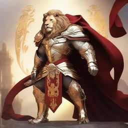 A majestic humanoid lion fighter clad in intricate gold armor and a flowing red cape