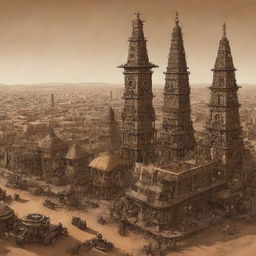 An illustration of Burkina Faso reimagined with a steampunk influence, spotlighting Ouagadougou filled with bronze architectures, the Sahel region inhabited by steam-powered creatures, and ancient ruins adorned with intricate cogs and gears.