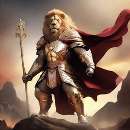 A majestic humanoid lion fighter clad in intricate gold armor and a flowing red cape