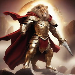 A majestic humanoid lion fighter clad in intricate gold armor and a flowing red cape