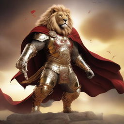 A majestic humanoid lion fighter clad in intricate gold armor and a flowing red cape