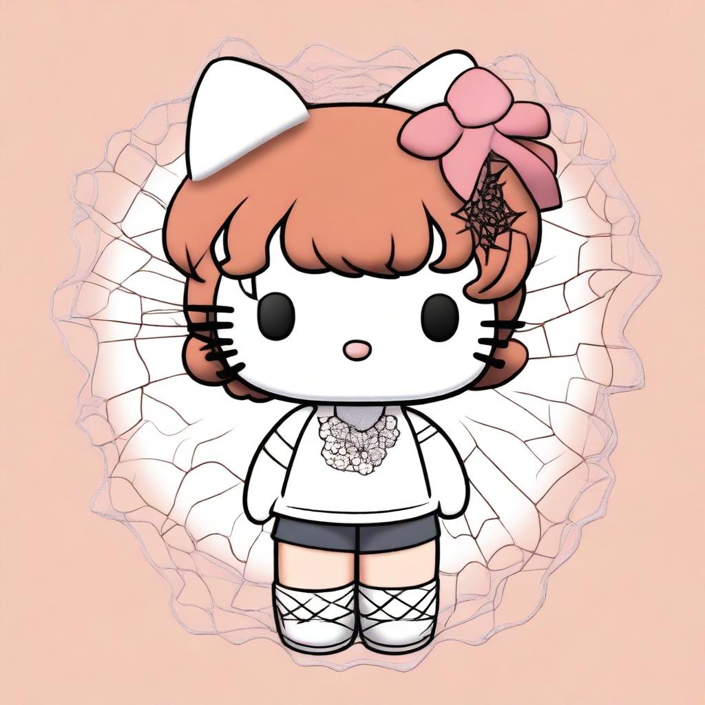 Create an image of Hello Kitty with short, curly, dark copper hair