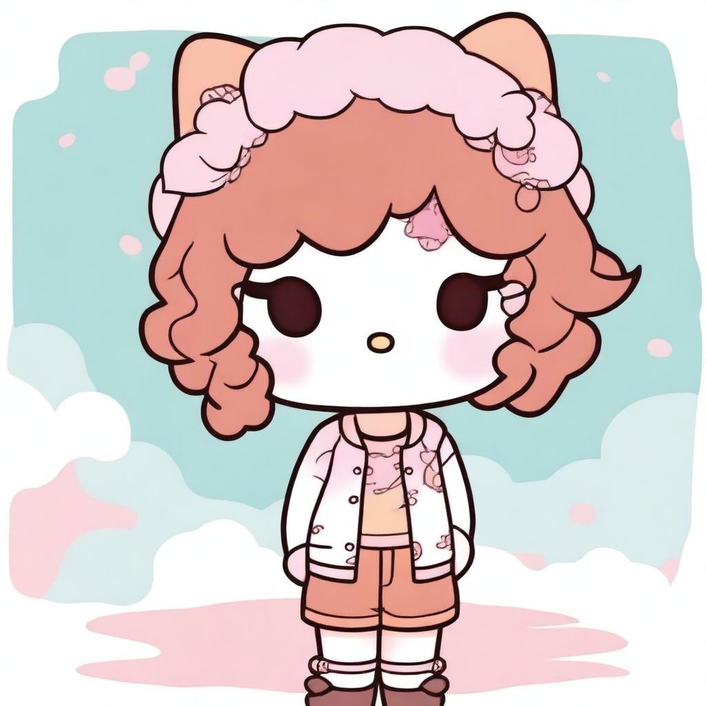 A Hello Kitty character with short, curly, dark copper hair