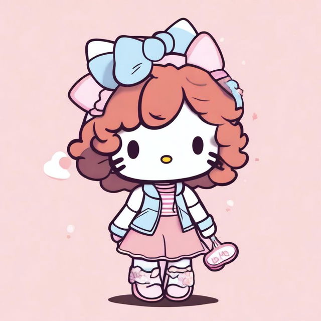 A Hello Kitty character with short, curly, dark copper hair