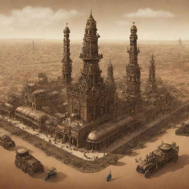 An illustration of Burkina Faso reimagined with a steampunk influence, spotlighting Ouagadougou filled with bronze architectures, the Sahel region inhabited by steam-powered creatures, and ancient ruins adorned with intricate cogs and gears.