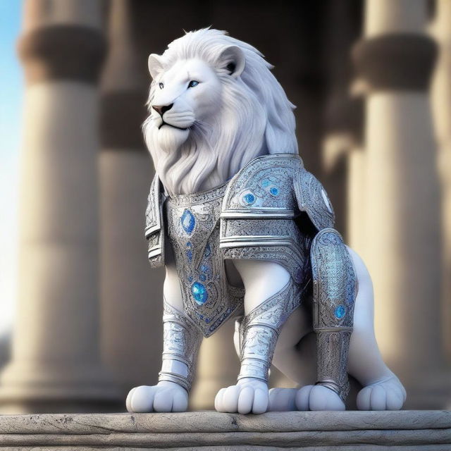 A majestic humanoid white lion with silver armor and piercing blue eyes