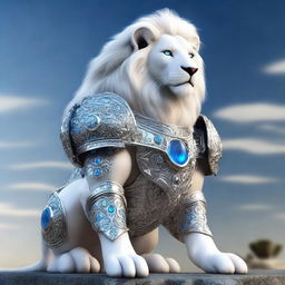 A majestic humanoid white lion with silver armor and piercing blue eyes