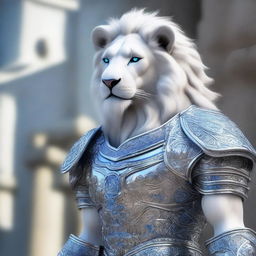 A majestic humanoid white lion with silver armor and piercing blue eyes