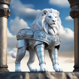 A majestic humanoid white lion with silver armor and piercing blue eyes