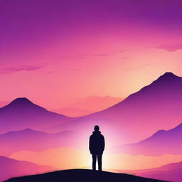 A detailed silhouette of a person standing on a hilltop during sunset, with the sky filled with vibrant colors like orange, pink, and purple