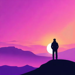 A detailed silhouette of a person standing on a hilltop during sunset, with the sky filled with vibrant colors like orange, pink, and purple