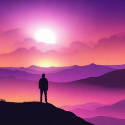 A detailed silhouette of a person standing on a hilltop during sunset, with the sky filled with vibrant colors like orange, pink, and purple