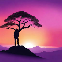 A detailed silhouette of a person standing on a hilltop during sunset, with the sky filled with vibrant colors like orange, pink, and purple