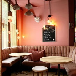 An adorable, cozy café with pastel colored furniture, dotted with small round tables, cushioned chairs, hanging lanterns, and with the smell of fresh espresso wafting in the air.