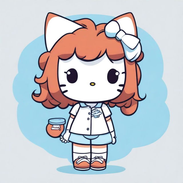 A Hello Kitty character with short, curly, dark copper hair