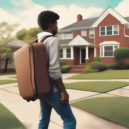 Create a movie poster featuring a high school student carrying a suitcase, leaving home