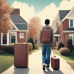 Create a movie poster featuring a high school student carrying a suitcase, leaving home