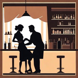 A detailed silhouette of a woman cleaning a counter and a silhouette of a man sitting at a bar leaning on the same counter