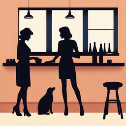 A detailed silhouette of a woman cleaning a counter and a silhouette of a man sitting at a bar leaning on the same counter