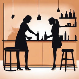 A detailed silhouette of a woman cleaning a counter and a silhouette of a man sitting at a bar leaning on the same counter