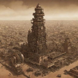 An illustration of Burkina Faso reimagined with a steampunk influence, spotlighting Ouagadougou filled with bronze architectures, the Sahel region inhabited by steam-powered creatures, and ancient ruins adorned with intricate cogs and gears.