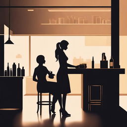 A detailed silhouette of a woman cleaning a counter and a silhouette of a man sitting at a bar leaning on the same counter