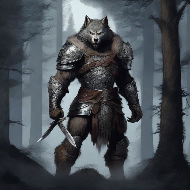 A fierce werewolf dressed in intricate armor, wielding a sharp blade