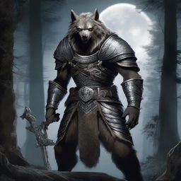 A fierce werewolf dressed in intricate armor, wielding a sharp blade