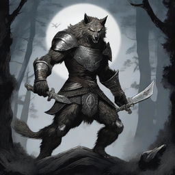 A fierce werewolf dressed in intricate armor, wielding a sharp blade