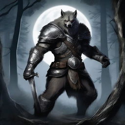 A fierce werewolf dressed in intricate armor, wielding a sharp blade