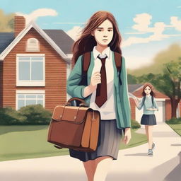 Create a movie poster featuring a high school girl carrying a suitcase, leaving home