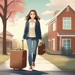 Create a movie poster featuring a high school girl carrying a suitcase, leaving home