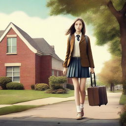 Create a movie poster featuring a high school girl carrying a suitcase, leaving home