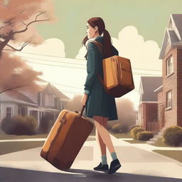 Create a movie poster featuring a high school girl carrying a suitcase, leaving home