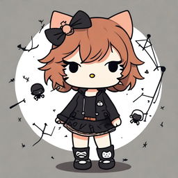 A Hello Kitty character with short, curly, dark copper hair