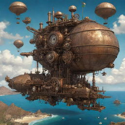 A futuristic illustration of Cape Verde under a steampunk aesthetic, featuring island landscapes hallmarked with cogs-and-wheels devices, seaside towns vivified with bronze and iron structures, and airships gracing the Atlantic sky.