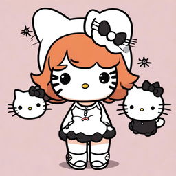 A Hello Kitty with short, curly, dark copper hair