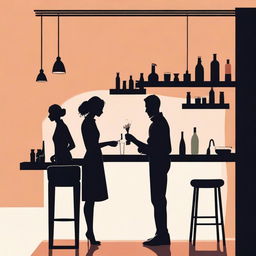 A detailed silhouette of a woman cleaning a counter and a silhouette of a man sitting at a bar leaning on the same counter from the opposite side