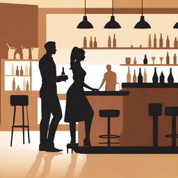 A detailed silhouette of a woman cleaning a counter and a silhouette of a man sitting at a bar leaning on the same counter from the opposite side