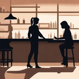 A detailed silhouette of a woman cleaning a counter and a silhouette of a man sitting at a bar leaning on the same counter from the opposite side