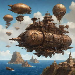 A futuristic illustration of Cape Verde under a steampunk aesthetic, featuring island landscapes hallmarked with cogs-and-wheels devices, seaside towns vivified with bronze and iron structures, and airships gracing the Atlantic sky.