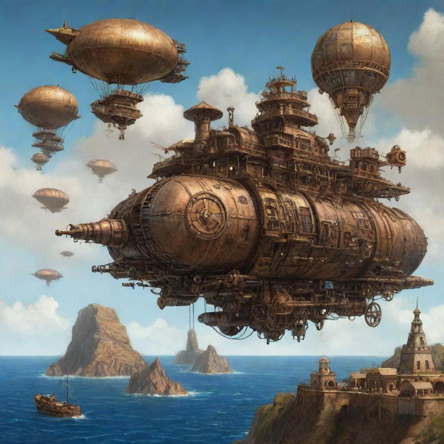 A futuristic illustration of Cape Verde under a steampunk aesthetic, featuring island landscapes hallmarked with cogs-and-wheels devices, seaside towns vivified with bronze and iron structures, and airships gracing the Atlantic sky.