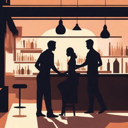 A detailed silhouette of a woman cleaning a counter and a silhouette of a man sitting at a bar leaning on the same counter from the opposite side